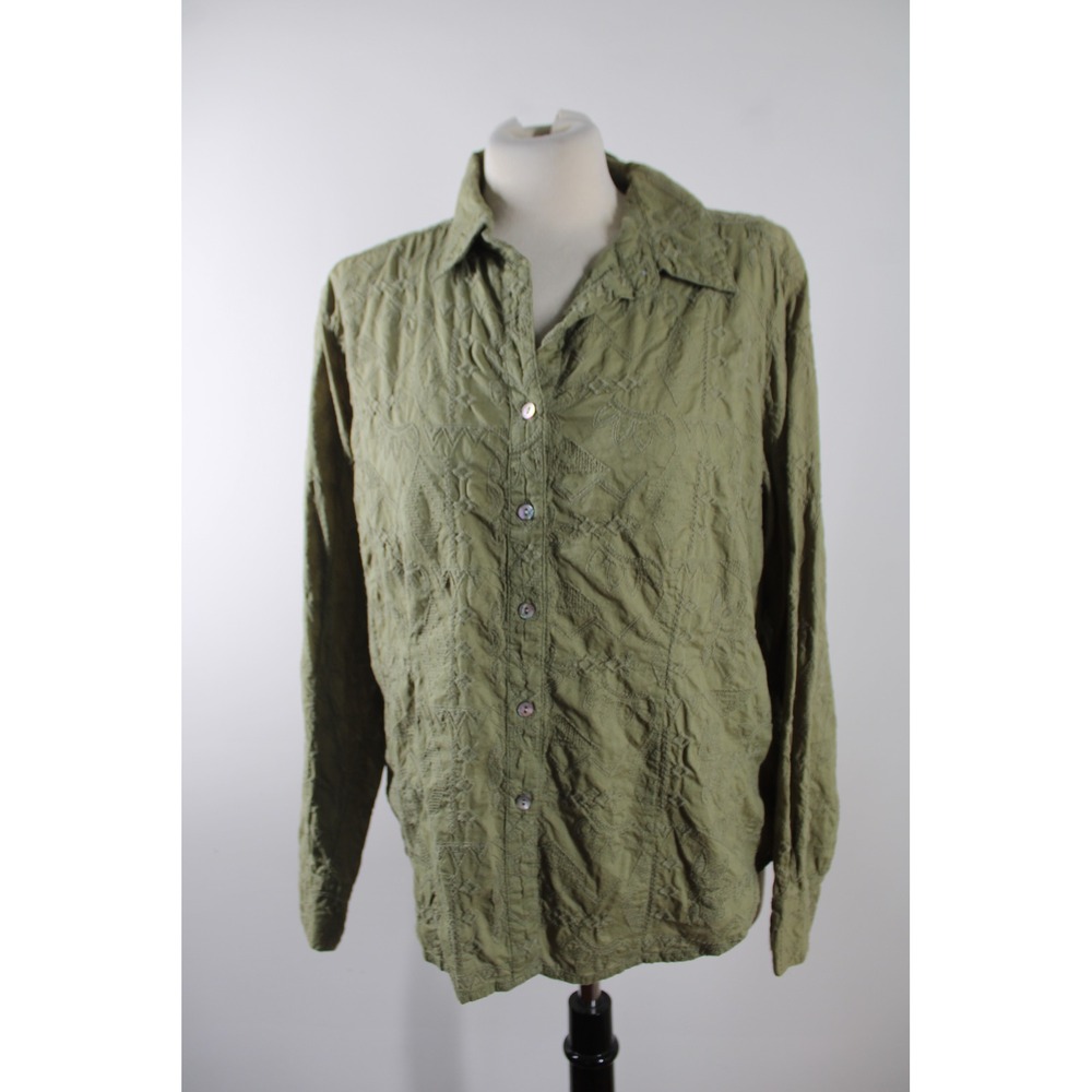 Chico's Size 3 XL Olive Green Button Down Shirt Embroidered Textured Long Sleeve